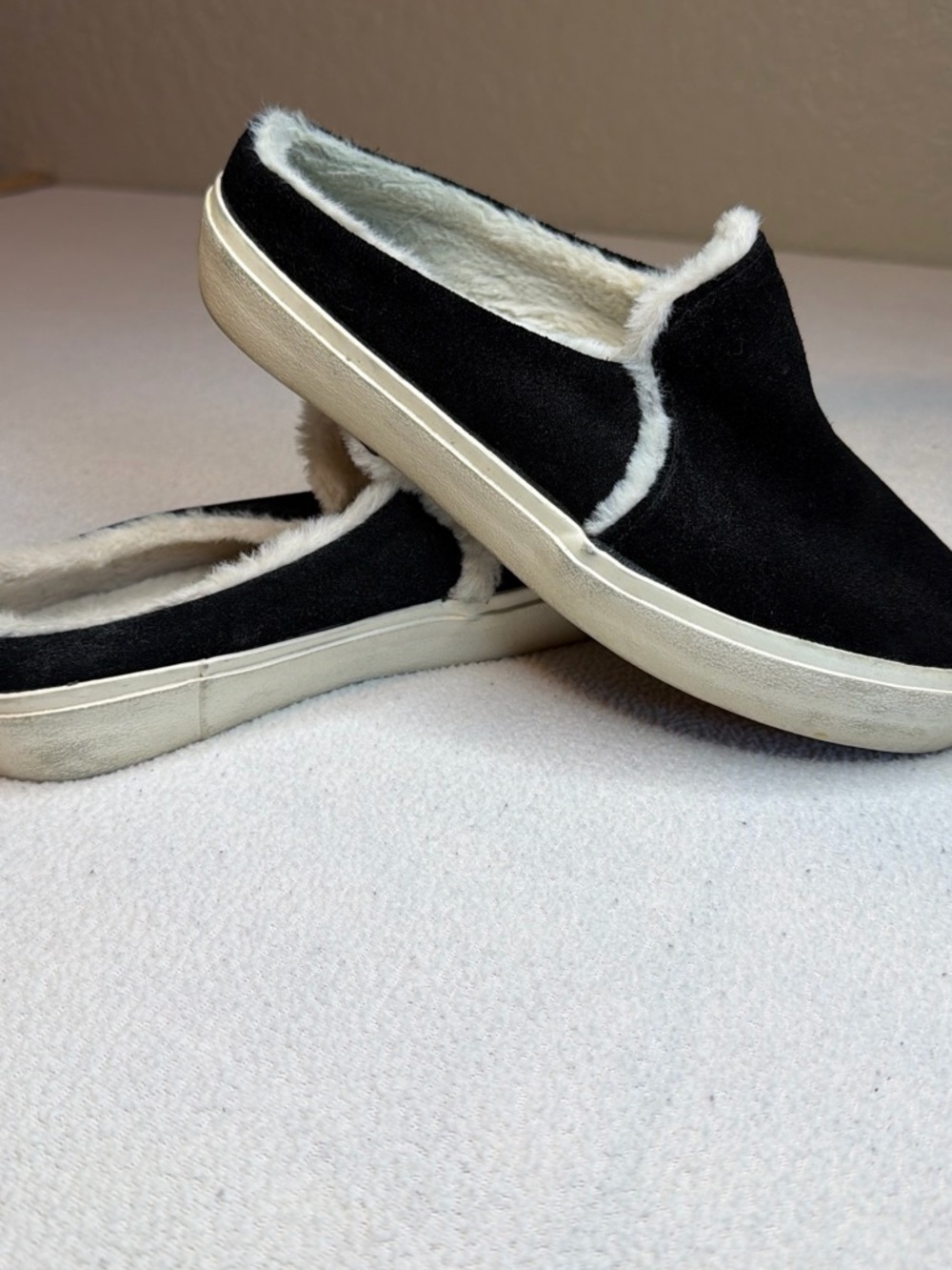 Black Faux-Suede Slip-On Sneakers with Faux-Fur Lining